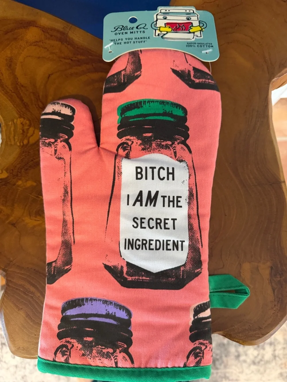 NWT Blue Q Pink Oven Mitt with Green and Black Print